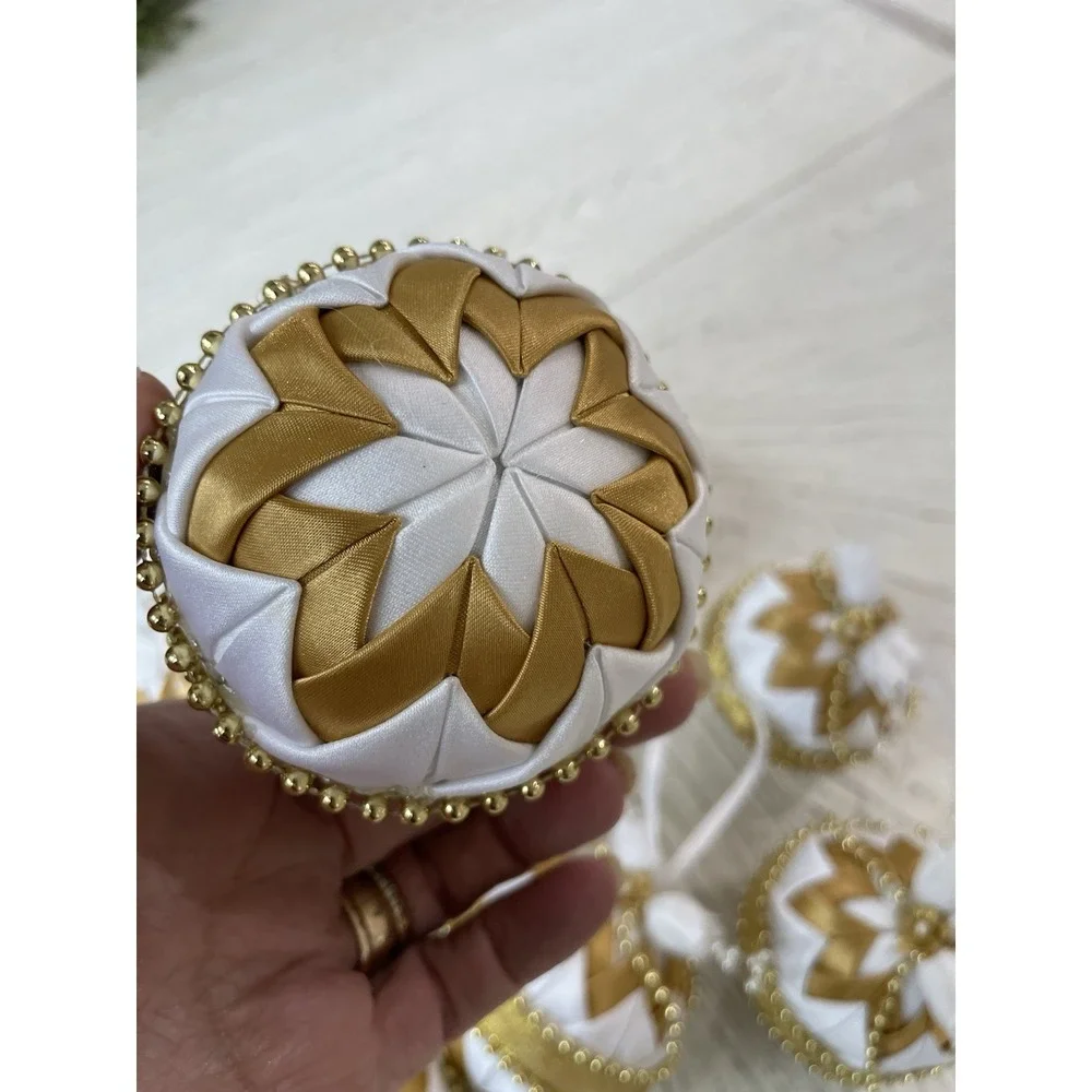Vtg Handmade Folded Star Quilted Fabric Christmas Ornaments Gold White Lot of 10